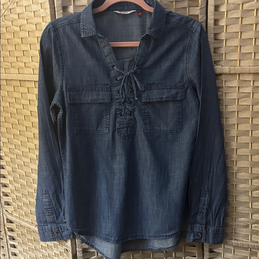 SO Women's Dark Blue Jean  Lace-Up Blouse